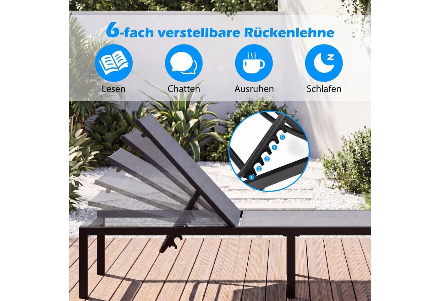 COSTWAY Gartenliege Grau mit 6-fach verstellbarer Rückenlehne - Bild 3