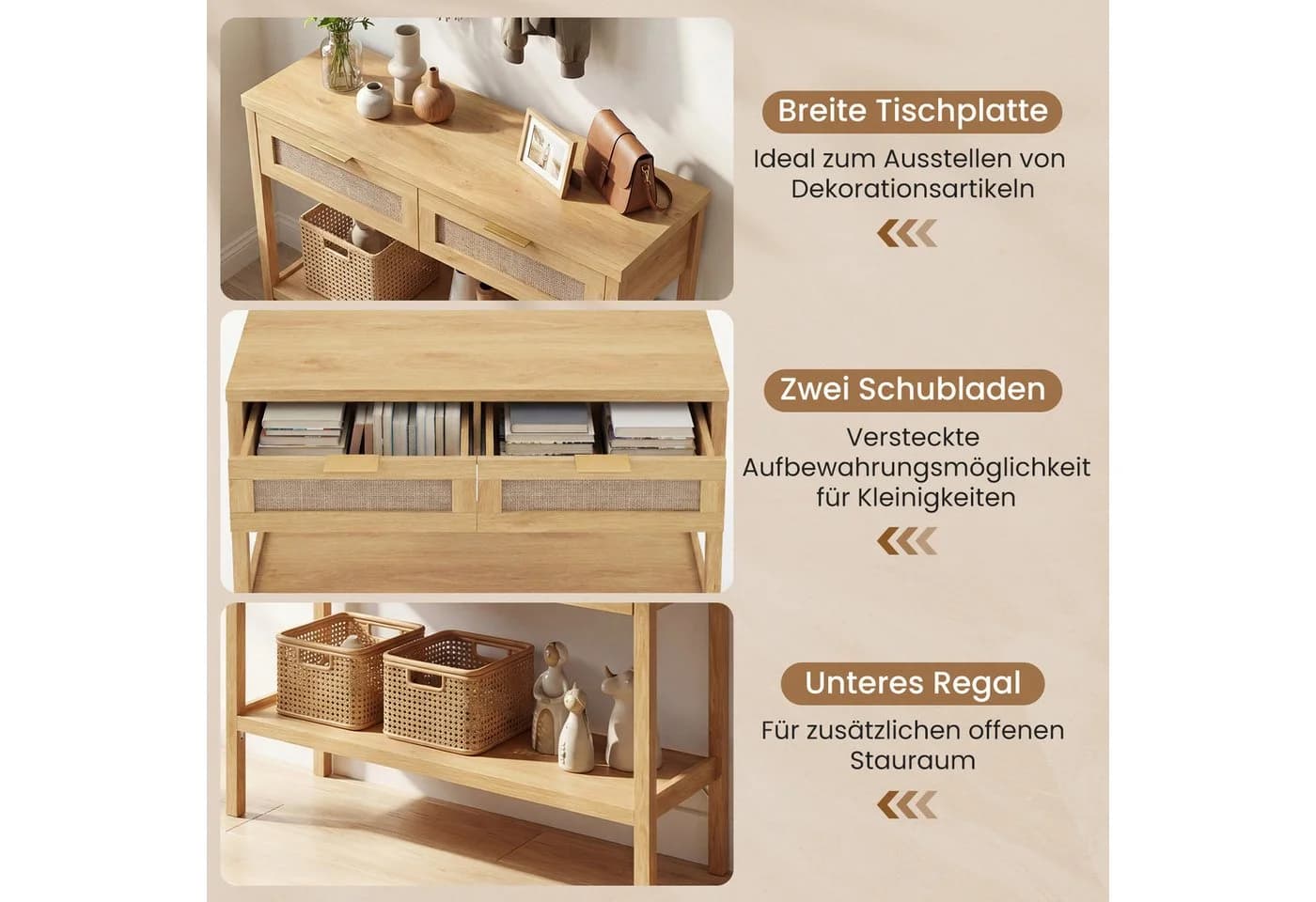 COSTWAY Konsolentisch Rattanoptik mit Schubladen & Ablage - Bild 4