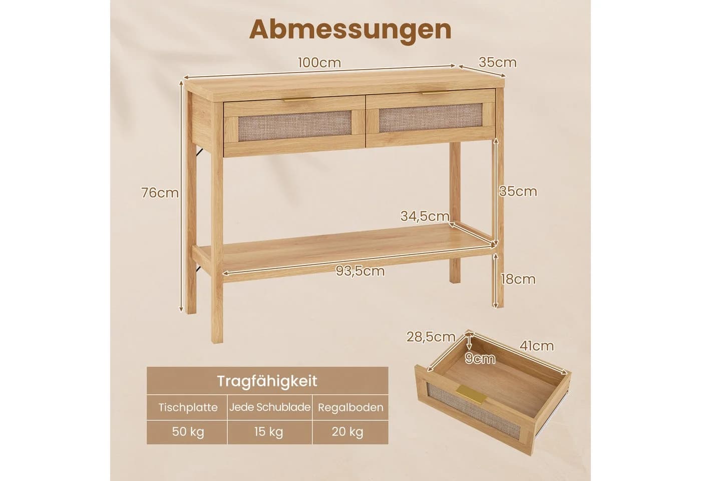 COSTWAY Konsolentisch Rattanoptik mit Schubladen & Ablage - Bild 5