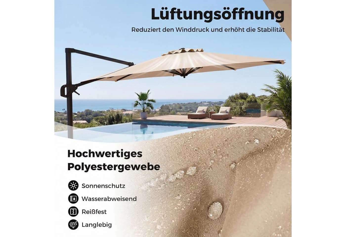 COSTWAY Sonnenschirm 300 cm Beige Ampelschirm mit Kurbel - Bild 3