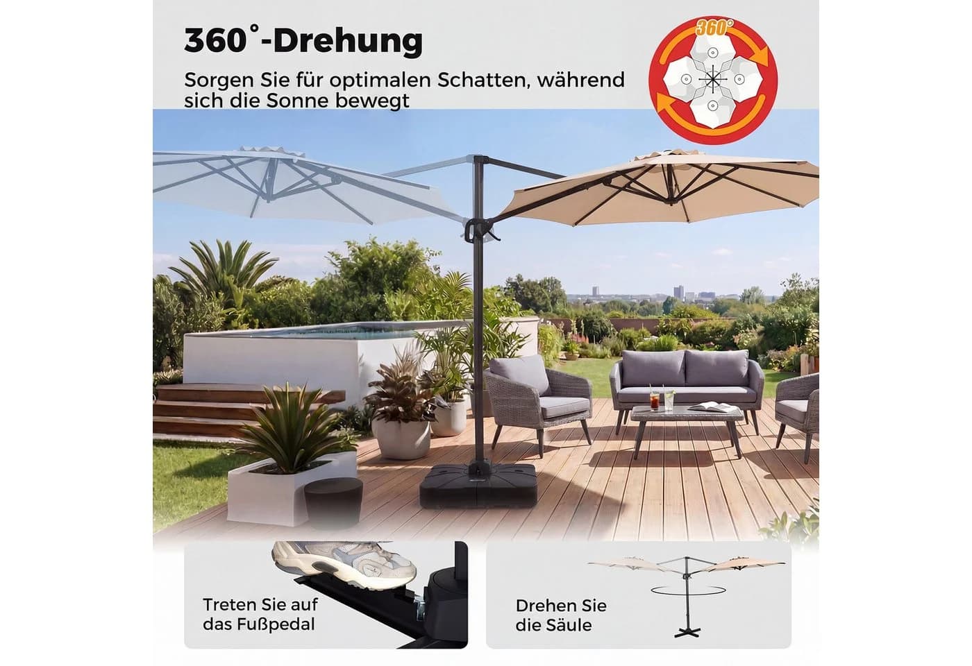 COSTWAY Sonnenschirm 300 cm Beige Ampelschirm mit Kurbel - Bild 4