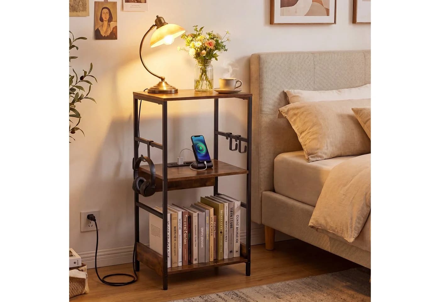 COSTWAY Sideboard Plattenspielerständer mit Ladestation Industrial Braun Schwarz