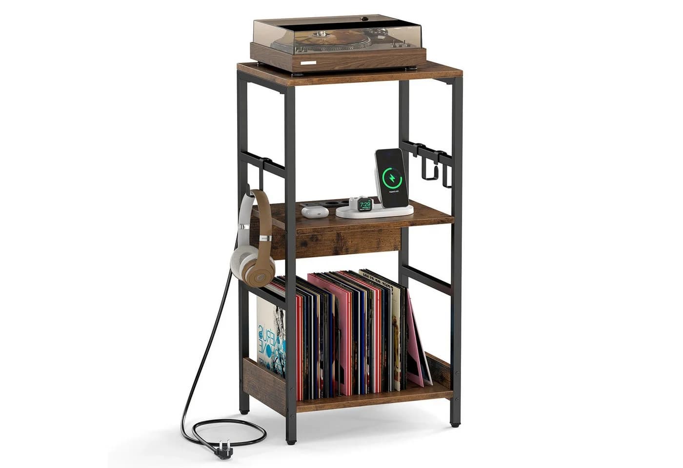 COSTWAY Sideboard Plattenspielerständer mit Ladestation Industrial Braun Schwarz - Bild 2