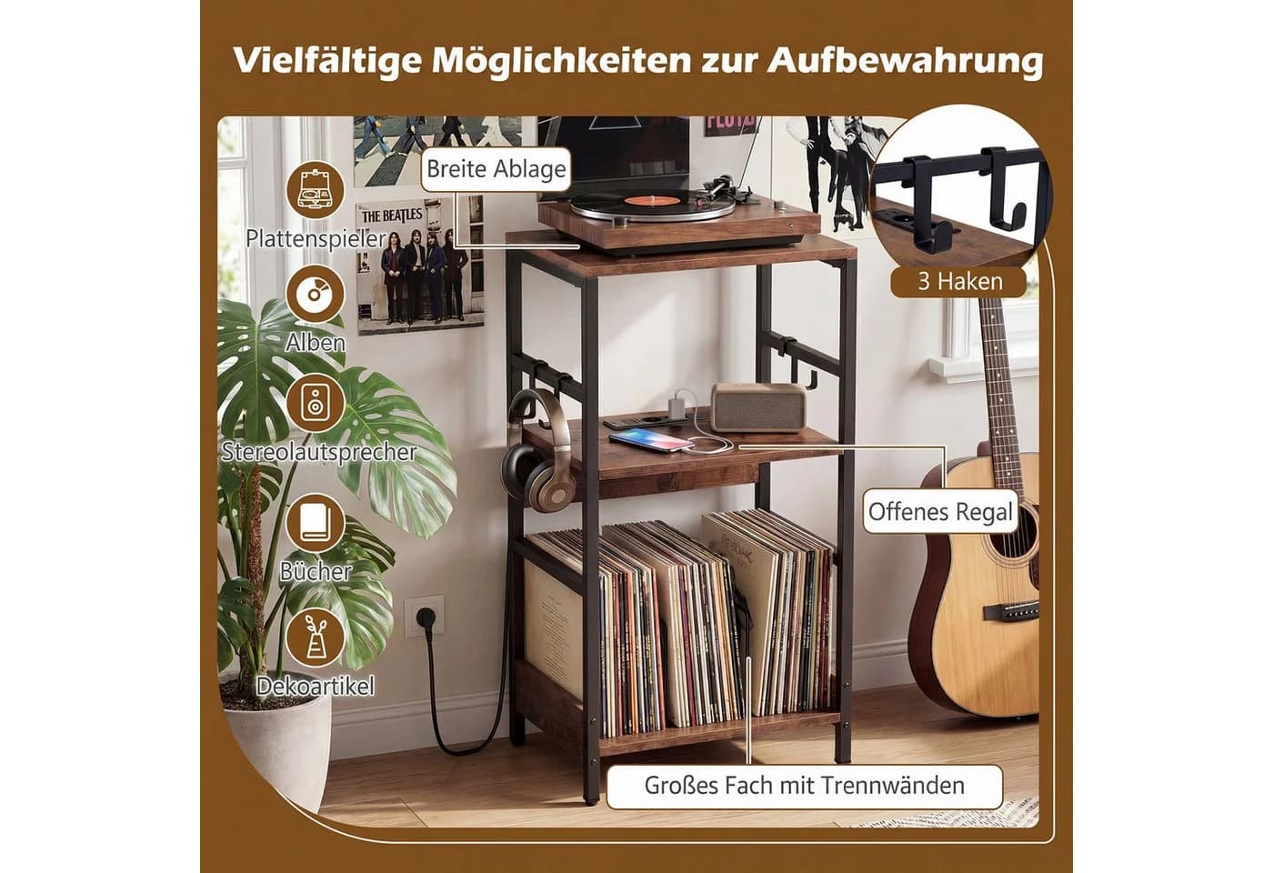 COSTWAY Sideboard Plattenspielerständer mit Ladestation Industrial Braun Schwarz - Bild 5