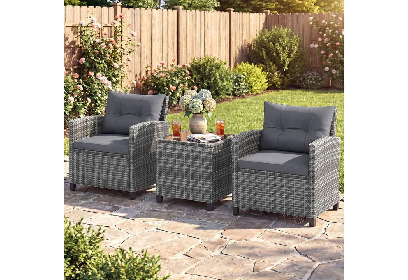 COSTWAY Balkonset 3-tlg. Grau PE-Rattan mit Kissen