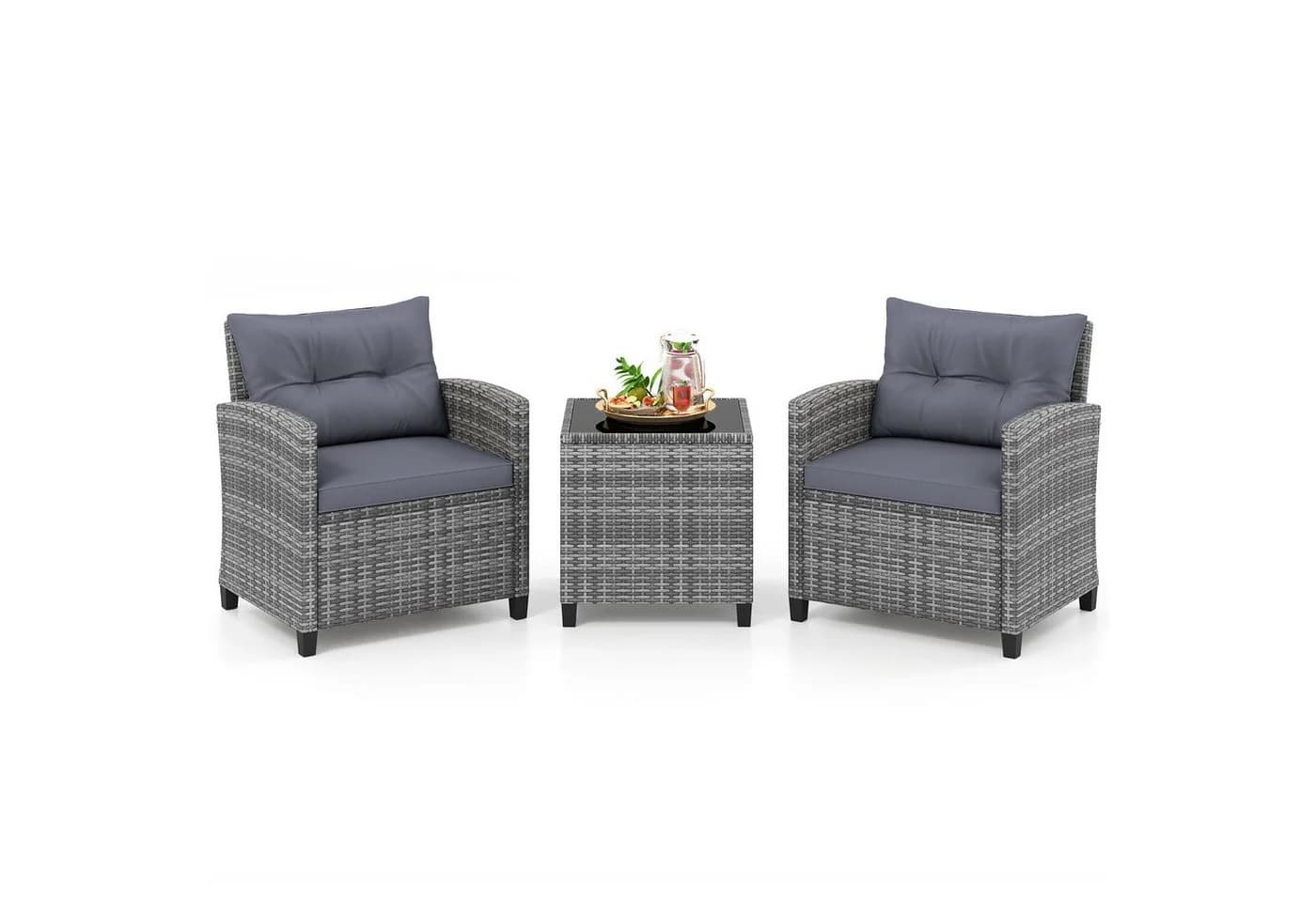 COSTWAY Balkonset 3-tlg. Grau PE-Rattan mit Kissen - Bild 2