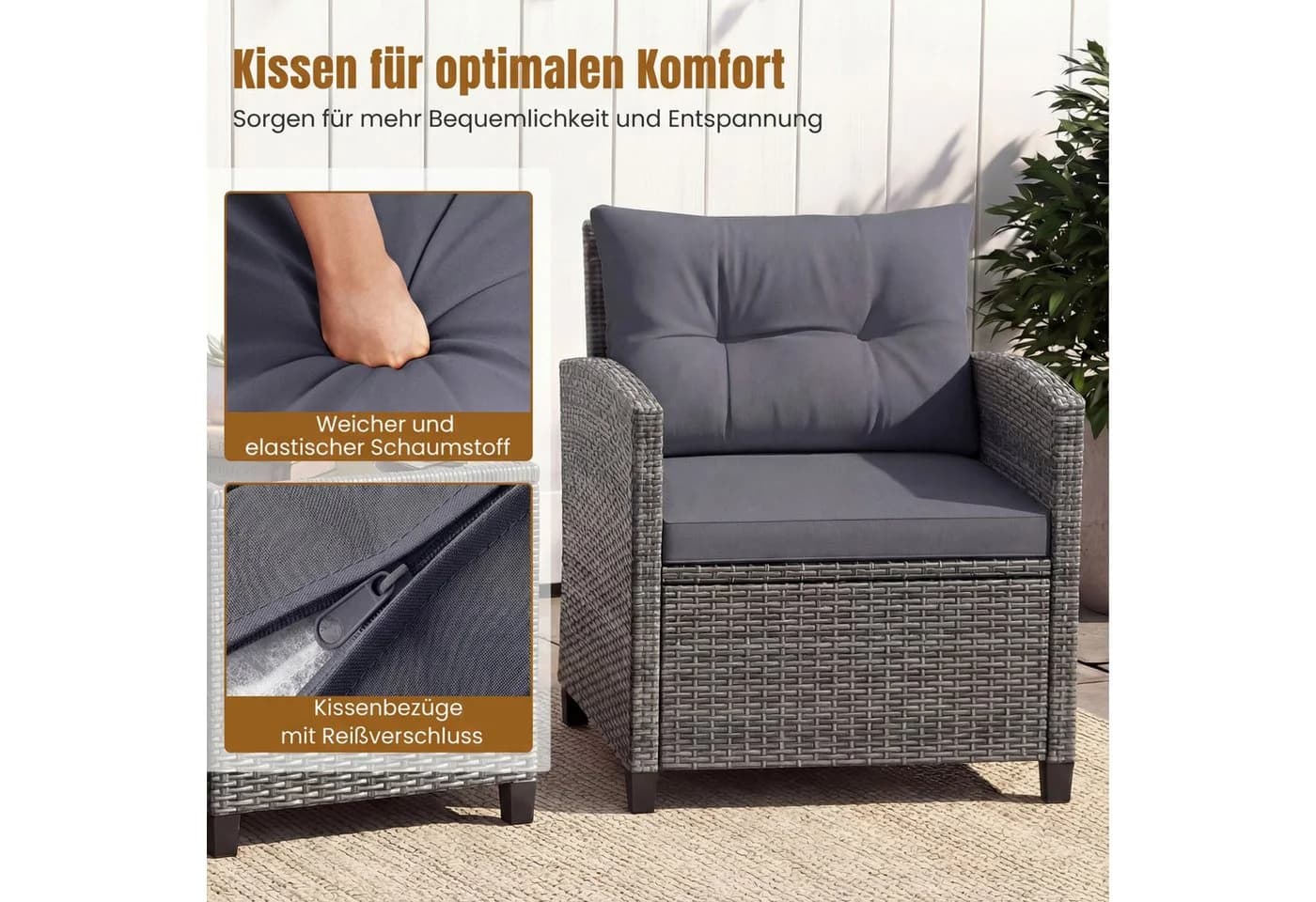 COSTWAY Balkonset 3-tlg. Grau PE-Rattan mit Kissen - Bild 3