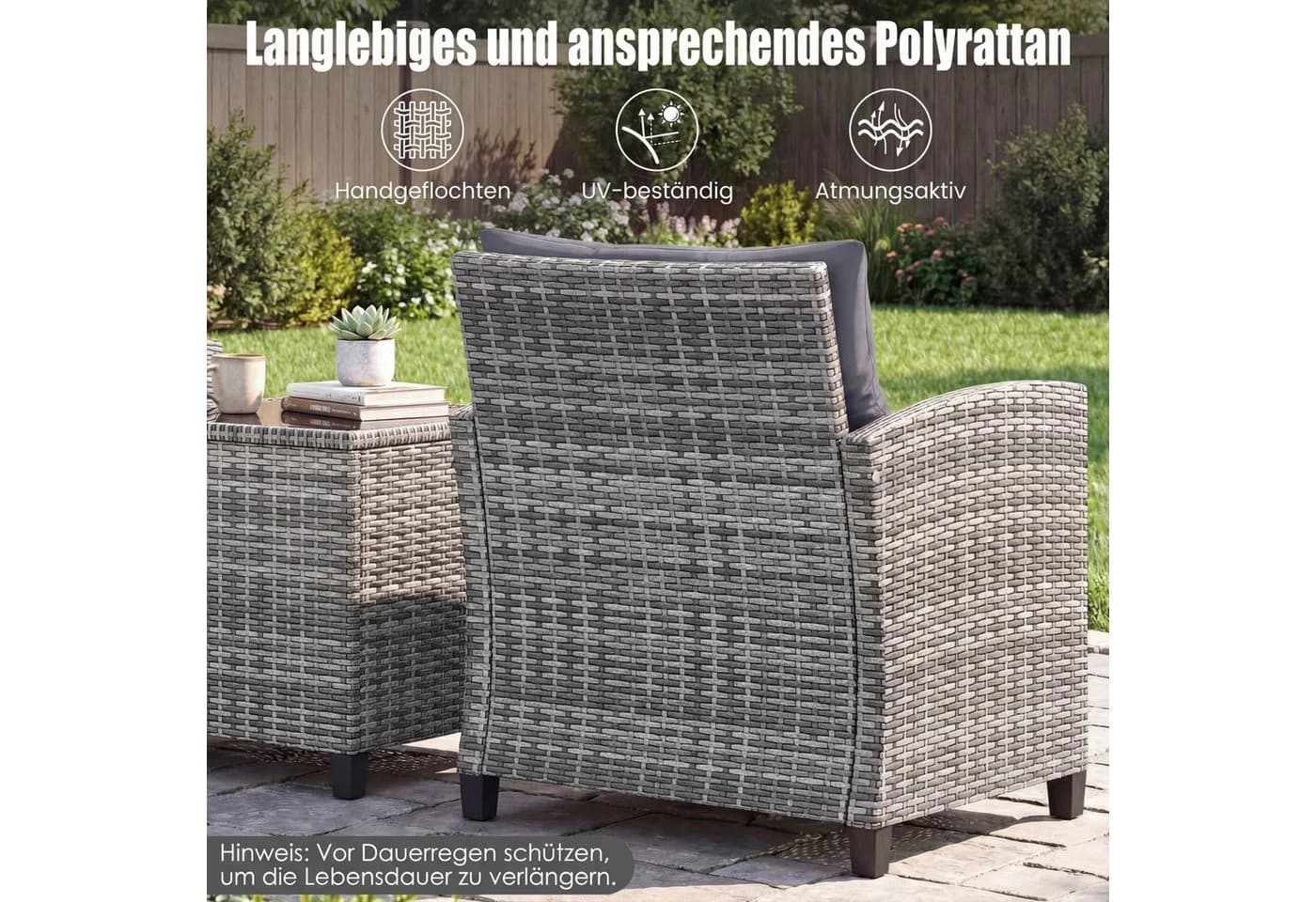 COSTWAY Balkonset 3-tlg. Grau PE-Rattan mit Kissen - Bild 4