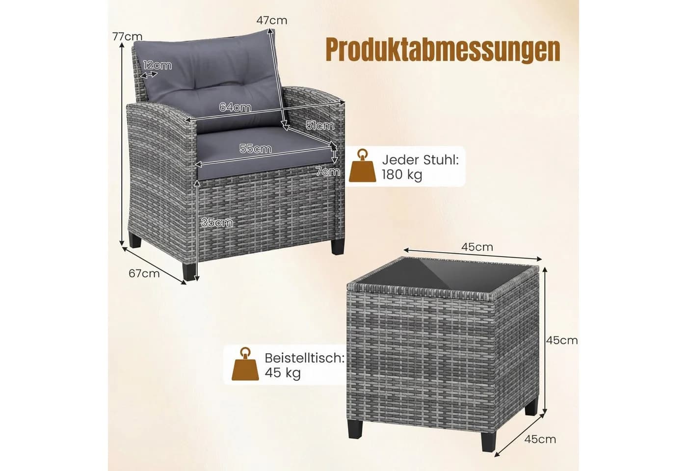 COSTWAY Balkonset 3-tlg. Grau PE-Rattan mit Kissen - Bild 5