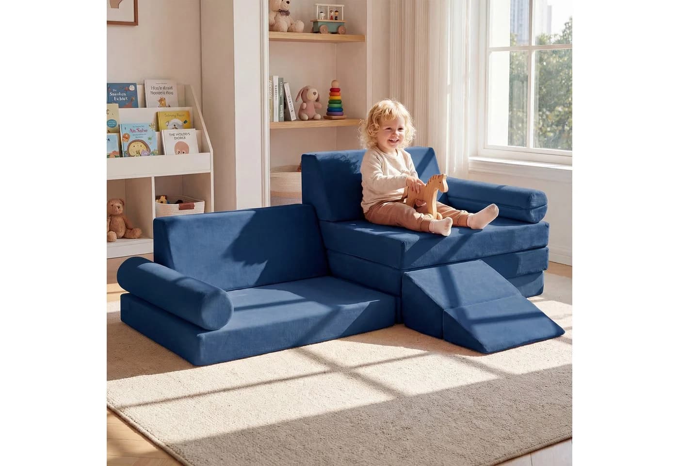 COSTWAY Modulares Kindersofa Blau mit abnehmbarem Bezug