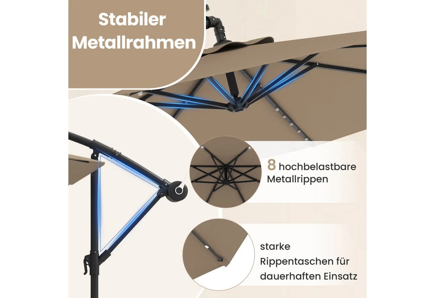 COSTWAY Sonnenschirm Ampelschirm Braun mit LED-Leuchten - Bild 4