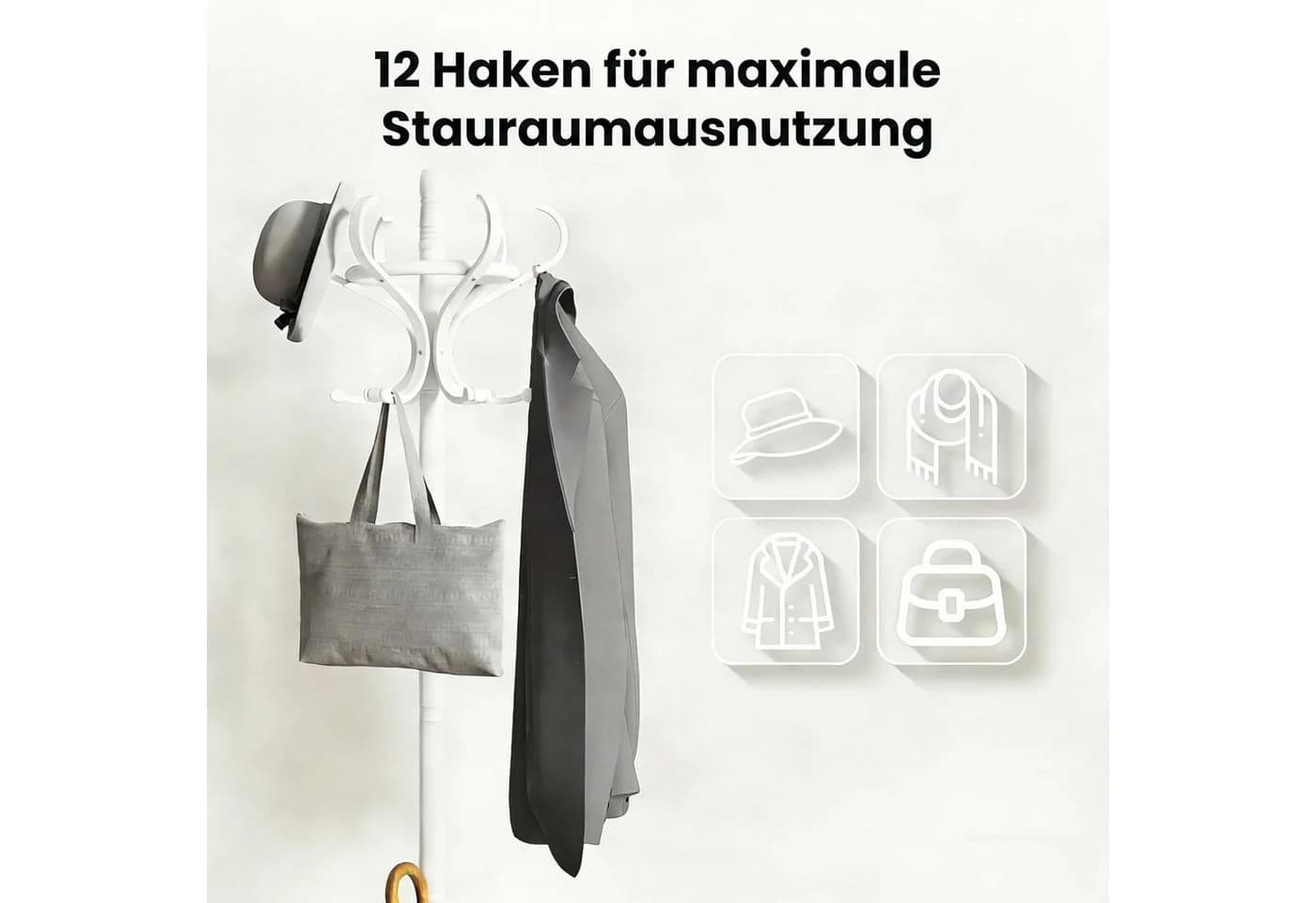 KOMFOTTEU Garderobenständer aus Massivholz mit 12 Haken & Schirmständer - Bild 3