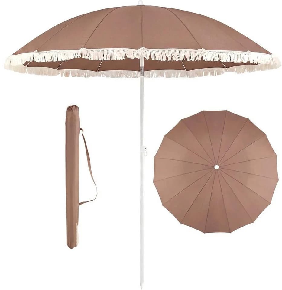 KOMFOTTEU Sonnenschirm mit Fransen Beige/Braun 30° neigbar