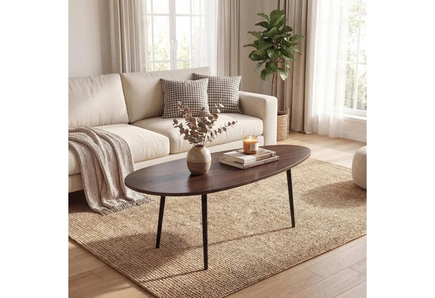 KOMFOTTEU Couchtisch oval Braun Metallbeine