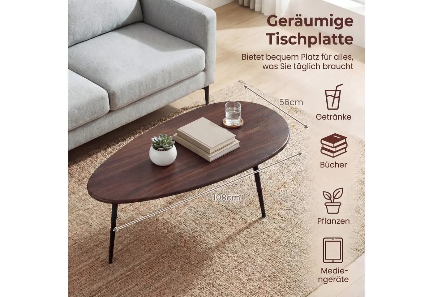 KOMFOTTEU Couchtisch oval Braun Metallbeine - Bild 3