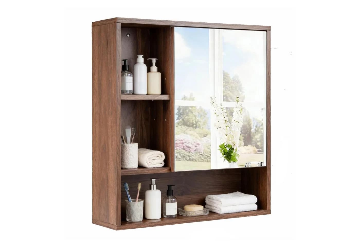 KOMFOTTEU Hängeschrank mit Spiegel, verstellbares Regal & 5 Fächer, Holz & Glas - Bild 2