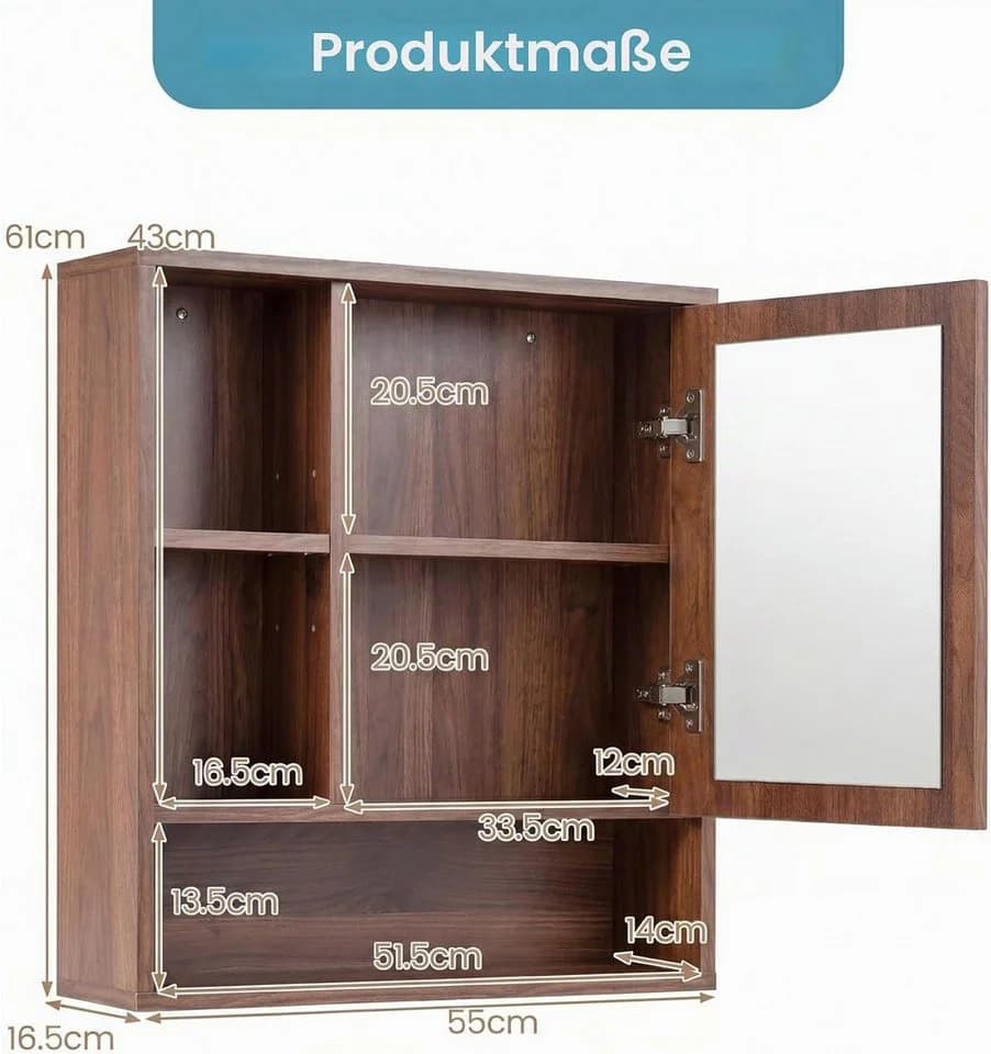 KOMFOTTEU Hängeschrank mit Spiegel, verstellbares Regal & 5 Fächer, Holz & Glas - Bild 3