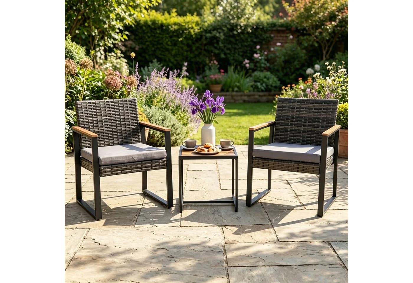 KOMFOTTEU Balkonset 3-tlg. Gartenmöbel PE-Rattan Grau/Braun/Beige