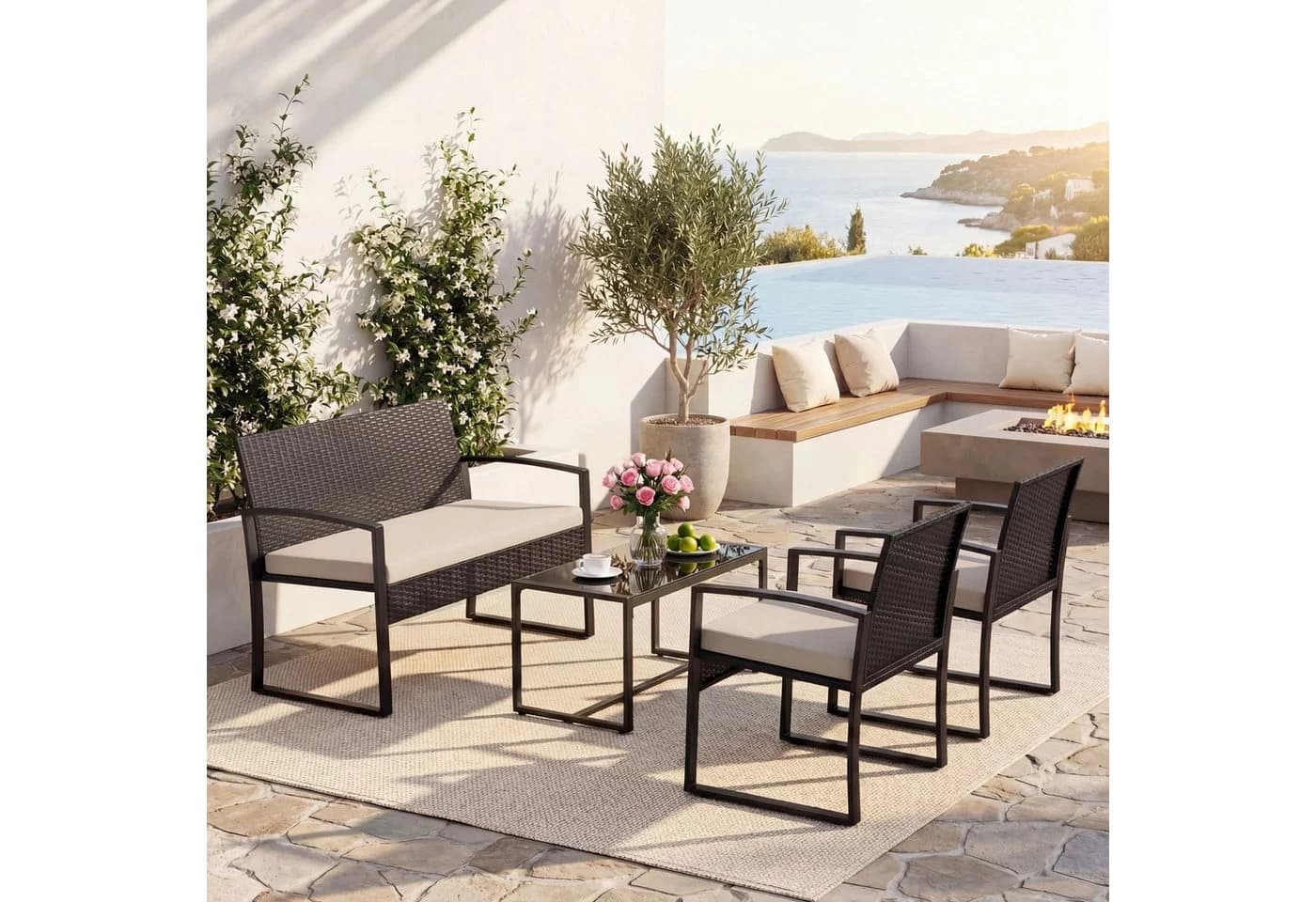 KOMFOTTEU Balkonset 4-tlg. Schwarz/Beige Poly Rattan mit Glastisch