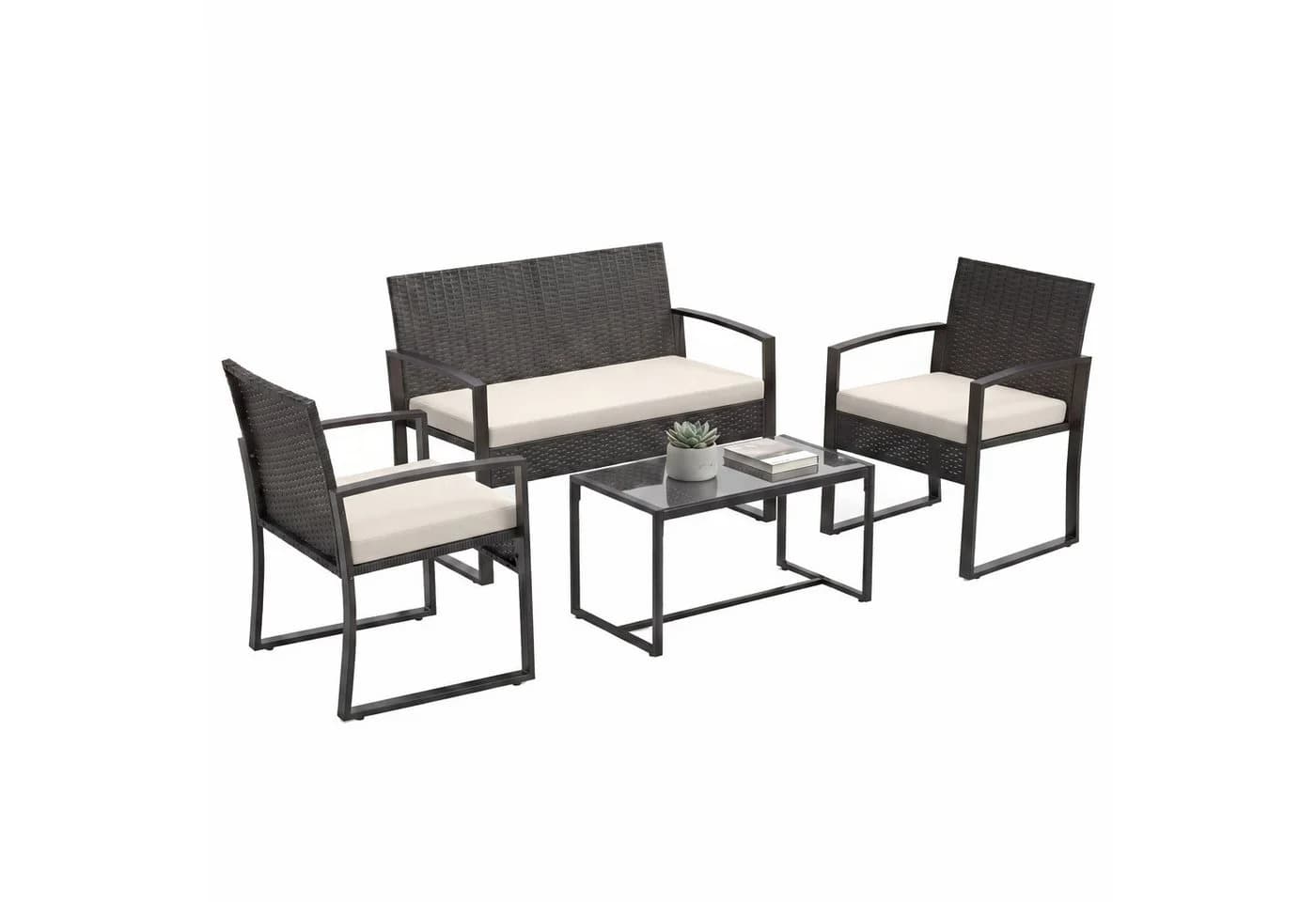 KOMFOTTEU Balkonset 4-tlg. Schwarz/Beige Poly Rattan mit Glastisch - Bild 2