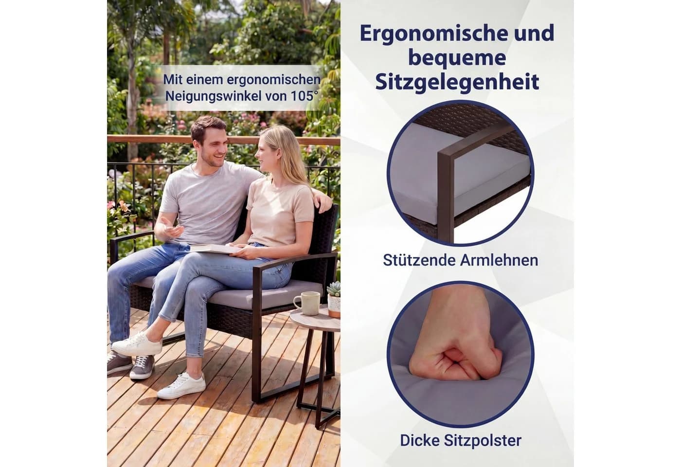 KOMFOTTEU Balkonset 4-tlg. Schwarz/Beige Poly Rattan mit Glastisch - Bild 4