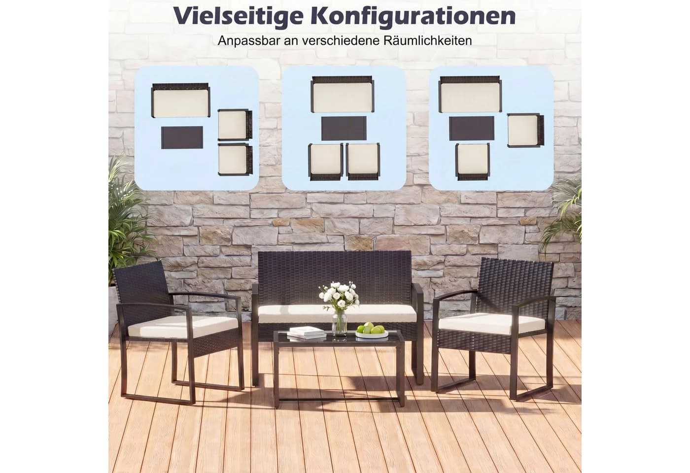 KOMFOTTEU Balkonset 4-tlg. Schwarz/Beige Poly Rattan mit Glastisch - Bild 5
