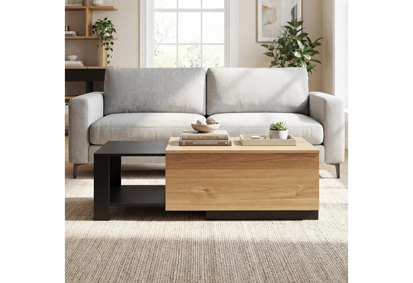 COSTWAY Couchtisch mit ausziehbarer Schublade & verstecktem Fach, braun/schwarz
