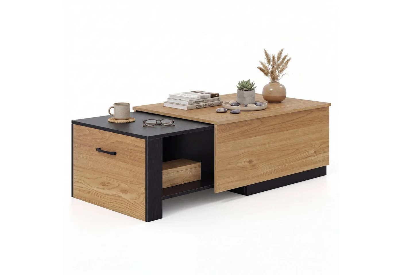 COSTWAY Couchtisch mit ausziehbarer Schublade & verstecktem Fach, braun/schwarz - Bild 2
