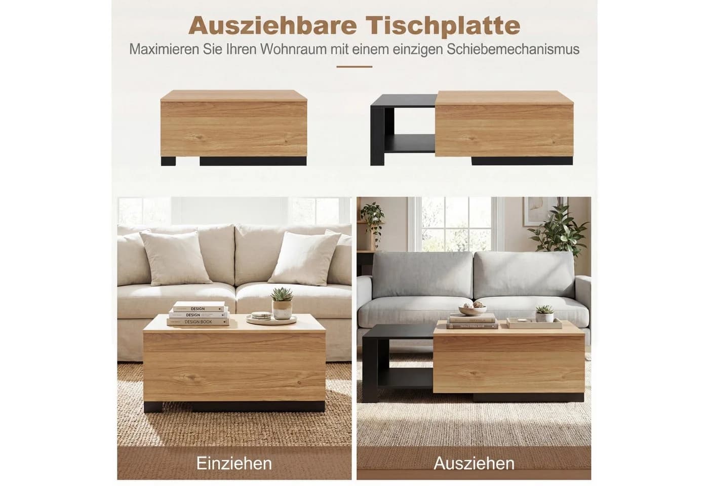 COSTWAY Couchtisch mit ausziehbarer Schublade & verstecktem Fach, braun/schwarz - Bild 3