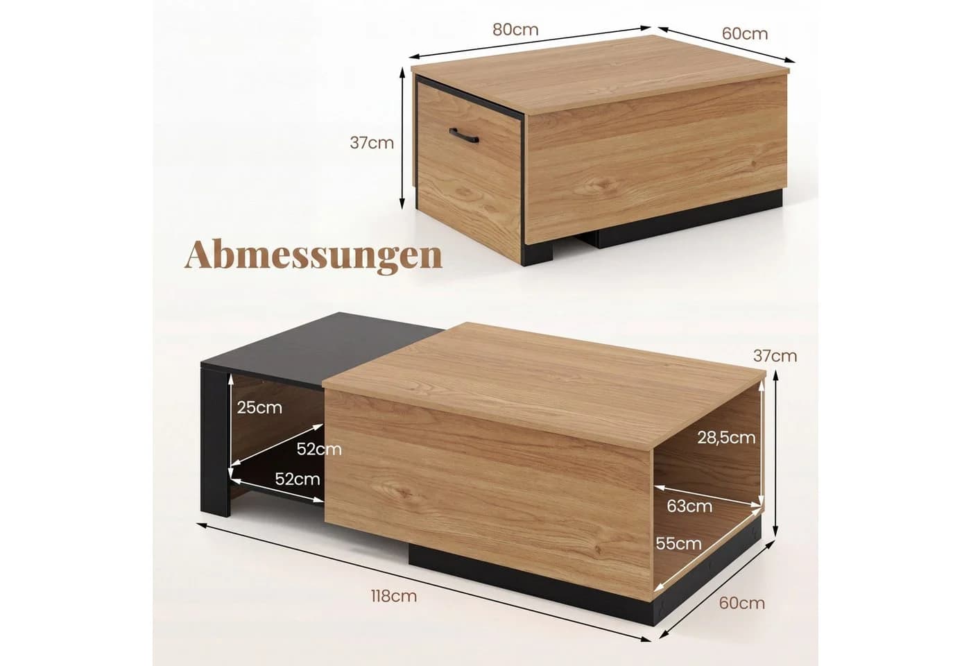 COSTWAY Couchtisch mit ausziehbarer Schublade & verstecktem Fach, braun/schwarz - Bild 5