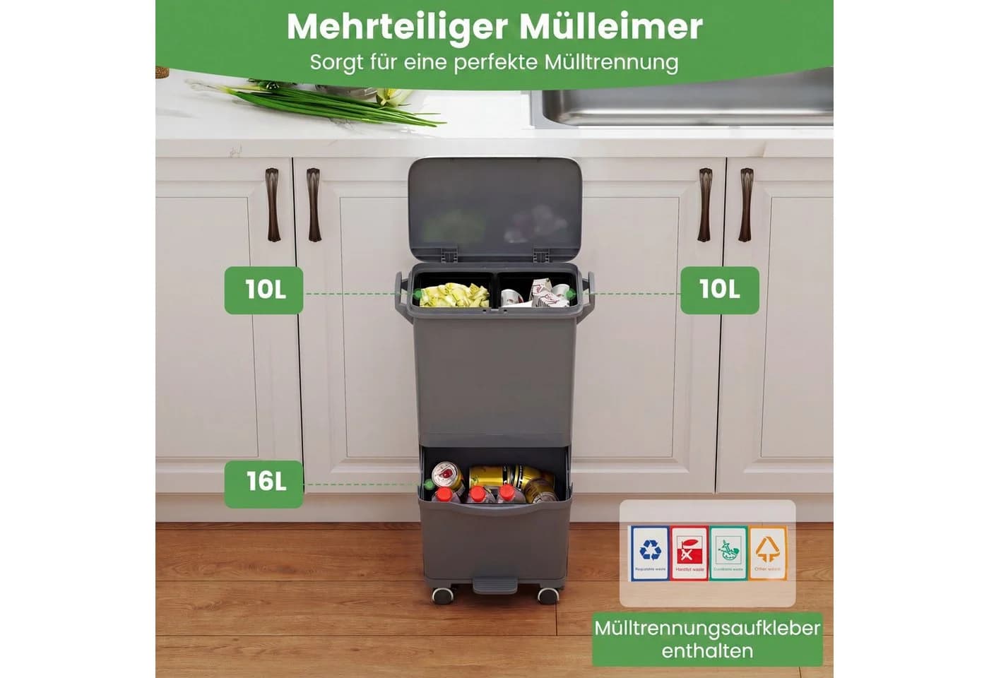 COSTWAY Mülleimer 3 Fächer 36L mit Fußpedal und Rollen