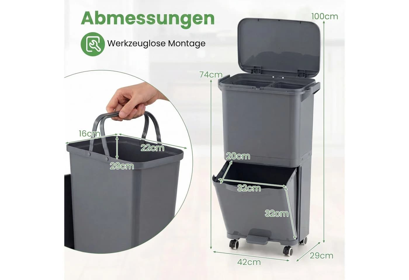 COSTWAY Mülleimer 3 Fächer 36L mit Fußpedal und Rollen - Bild 5