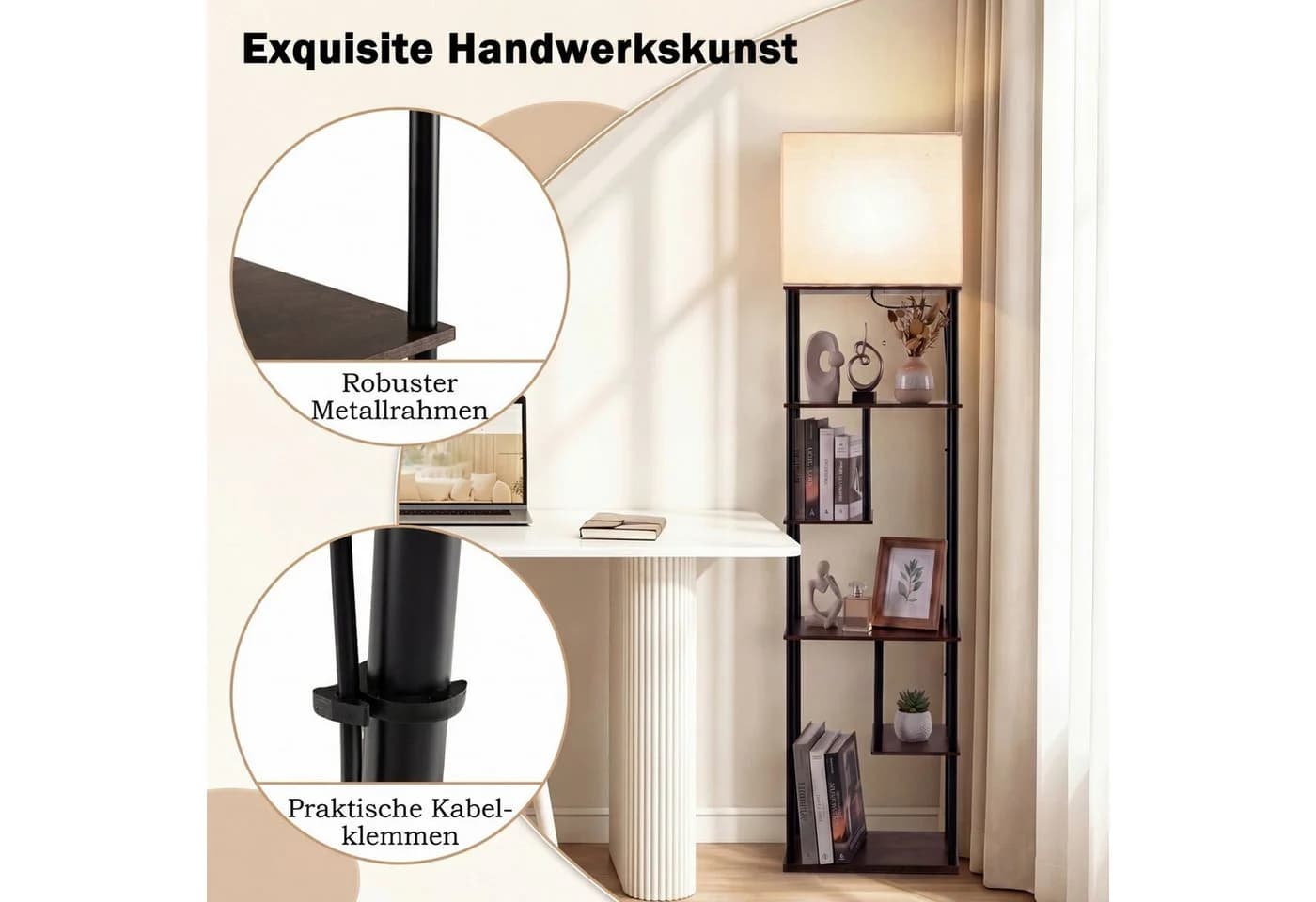 COSTWAY Stehlampe mit 5 Regalen Schwarz/Beige Modern - Bild 3
