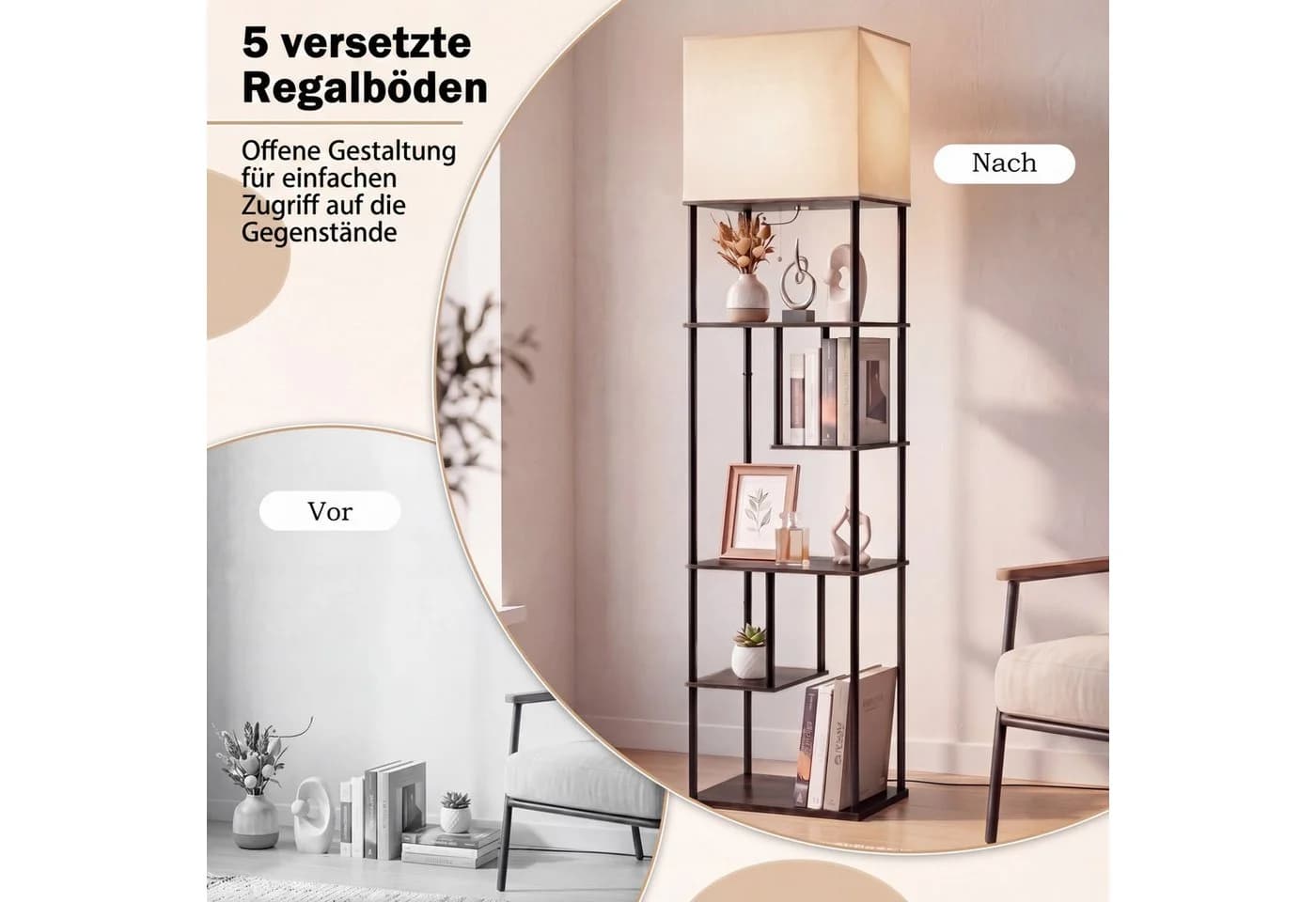 COSTWAY Stehlampe mit 5 Regalen Schwarz/Beige Modern - Bild 5