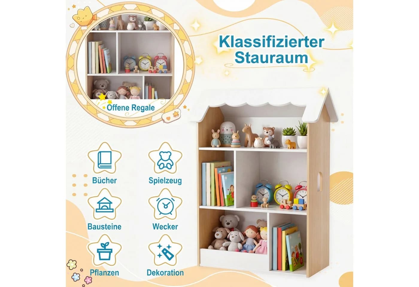 COSTWAY Kinderregal Hausform 5 Fächer Weiß/Natur - Bild 4