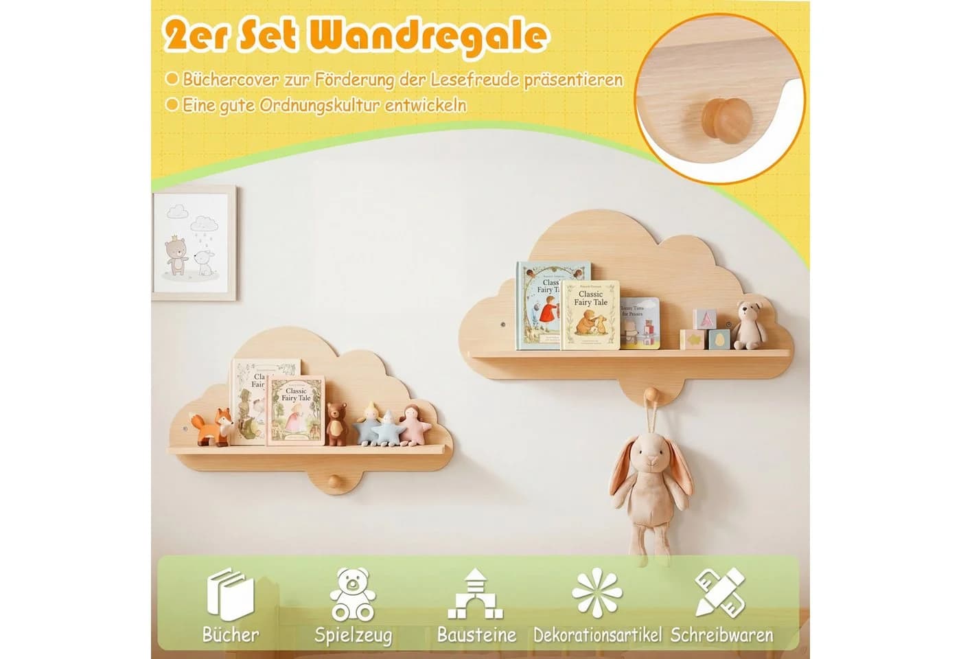 COSTWAY Kinderregal 2-tlg. Schweberegal Wolkenform Natur Massivholz - Bild 4