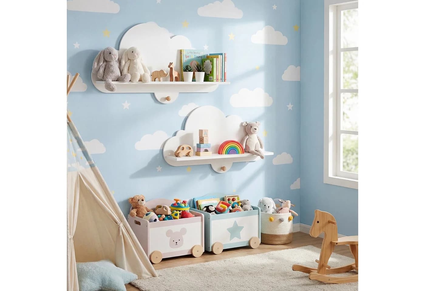 COSTWAY Kinderregal 2-tlg. Schweberegal Wolkenform Weiß Massivholz