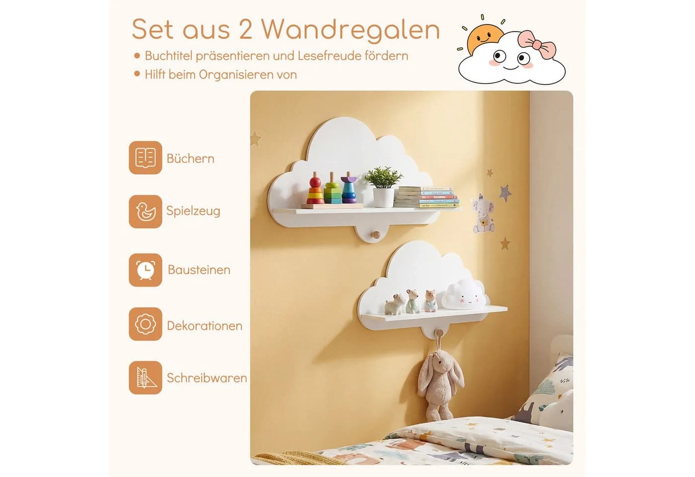 COSTWAY Kinderregal 2-tlg. Schweberegal Wolkenform Weiß Massivholz - Bild 4