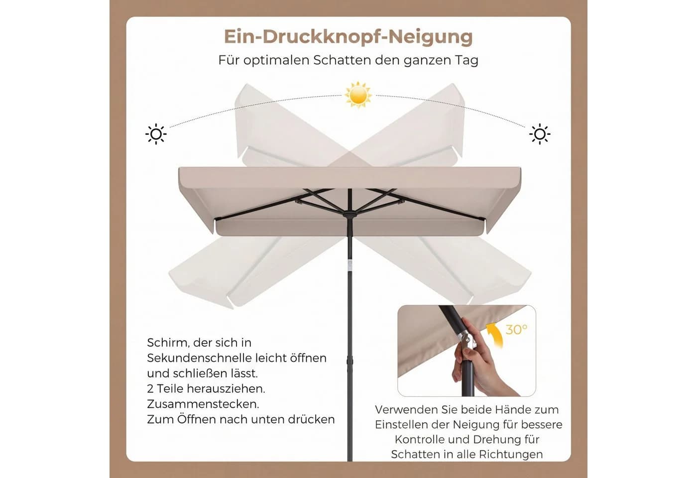 COSTWAY Sonnenschirm Beige Balkonschirm rechteckig mit Neigungsfunktion - Bild 3