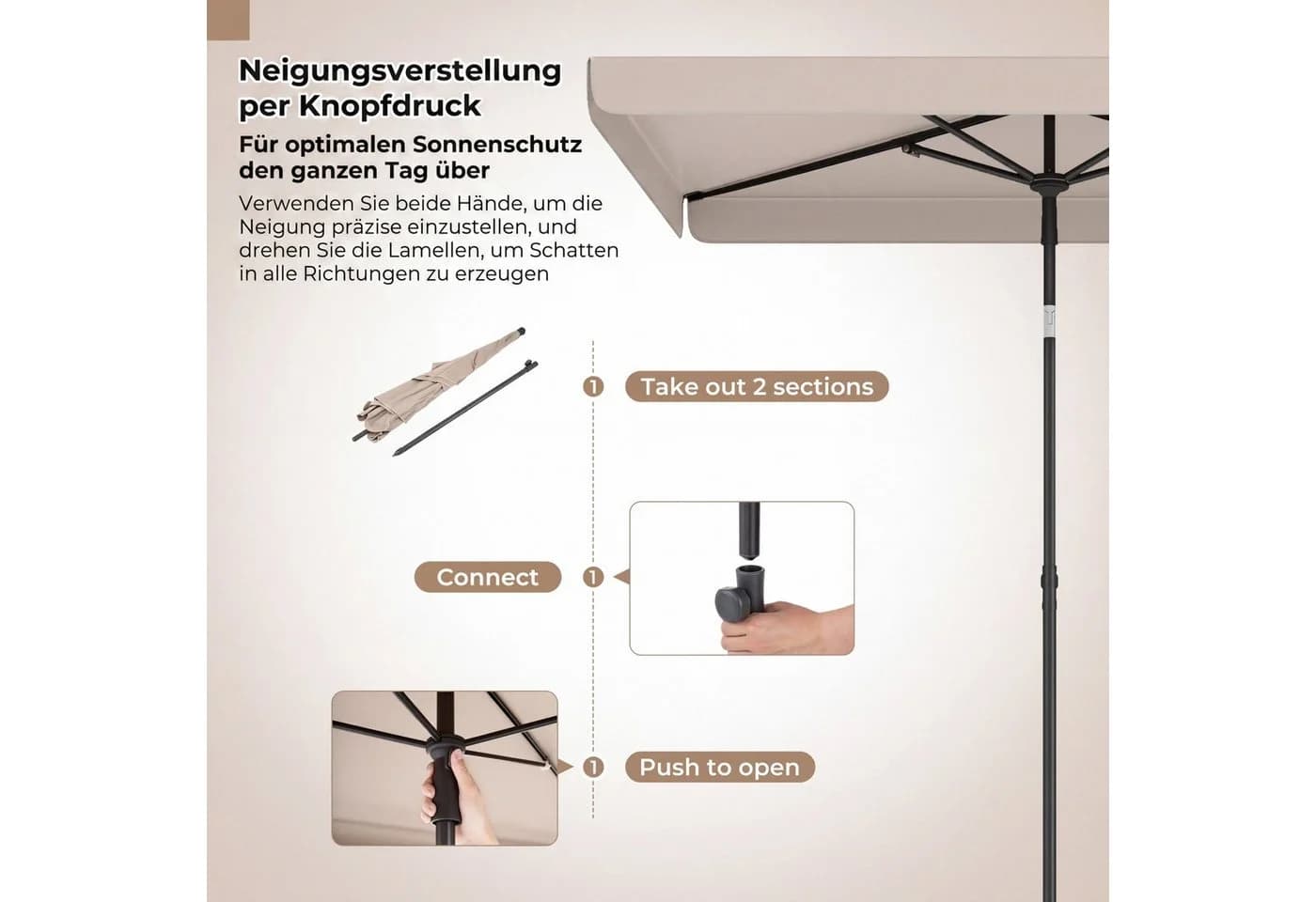COSTWAY Sonnenschirm Beige Balkonschirm rechteckig mit Neigungsfunktion - Bild 5