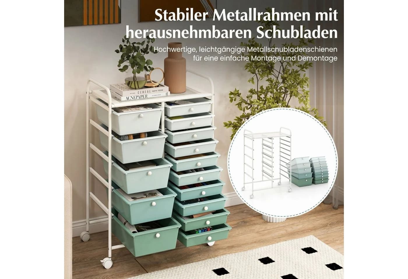 COSTWAY Rollcontainer mit 15 Schubladen & Rollen Grün - Bild 3