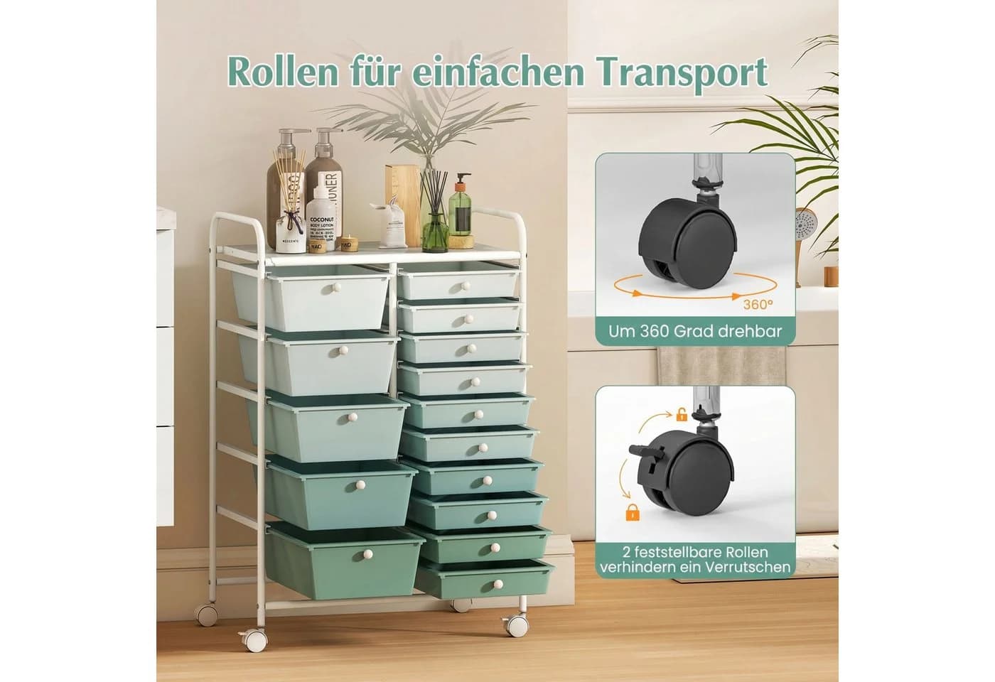 COSTWAY Rollcontainer mit 15 Schubladen & Rollen Grün - Bild 4