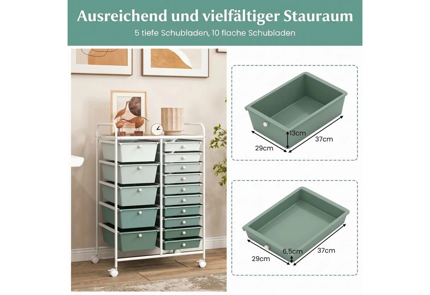 COSTWAY Rollcontainer mit 15 Schubladen & Rollen Grün - Bild 5