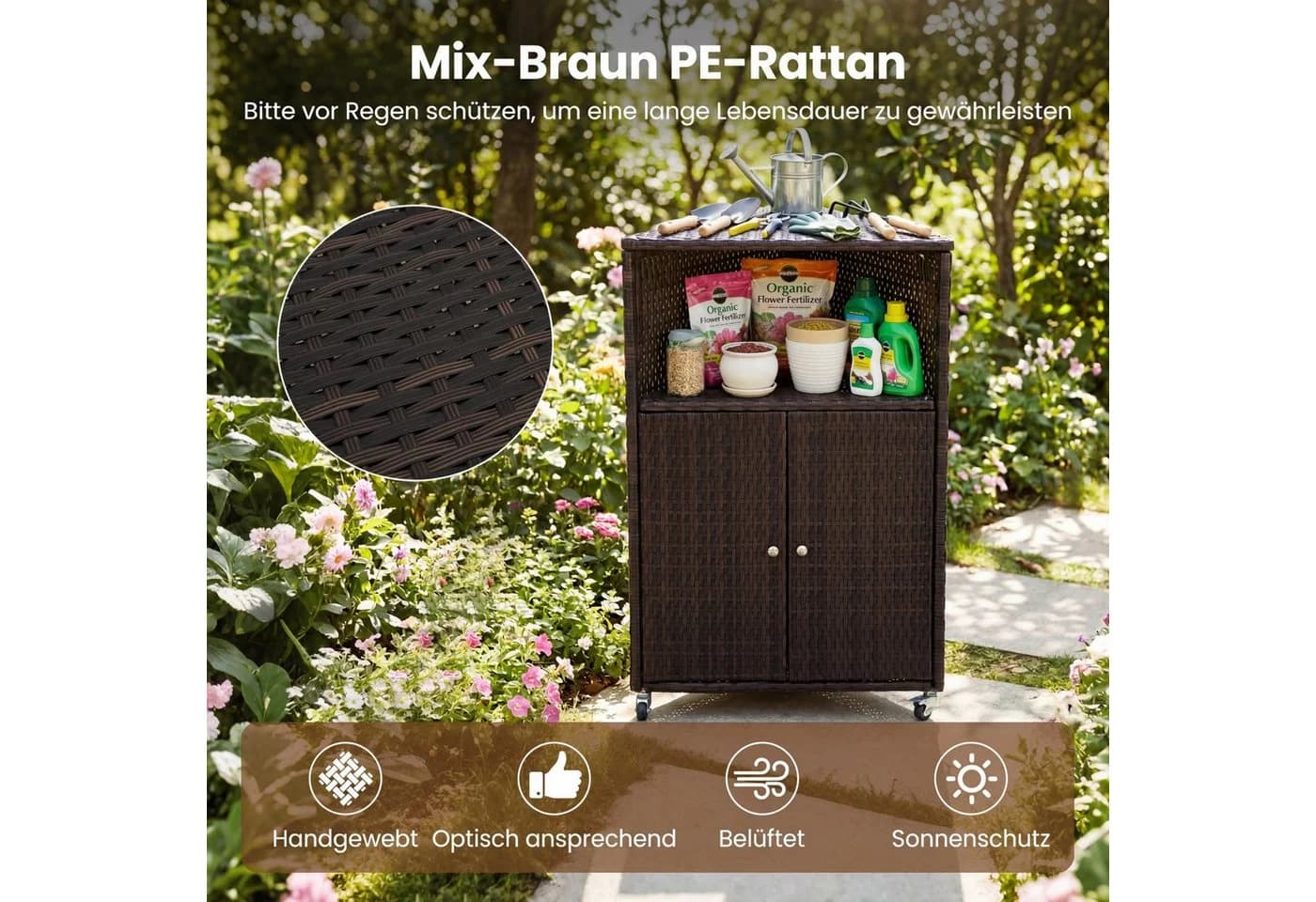 COSTWAY Garten-Geräteschrank Ecke Braun PE-Rattan