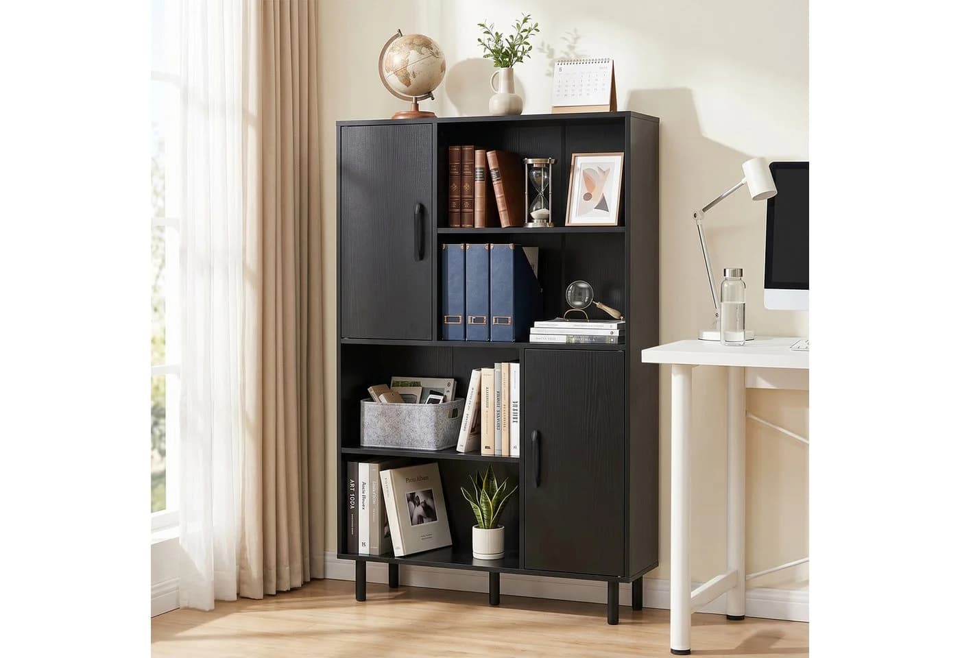COSTWAY Bücherregal mit 2 Türen & 4 Regalen Schwarz/Braun