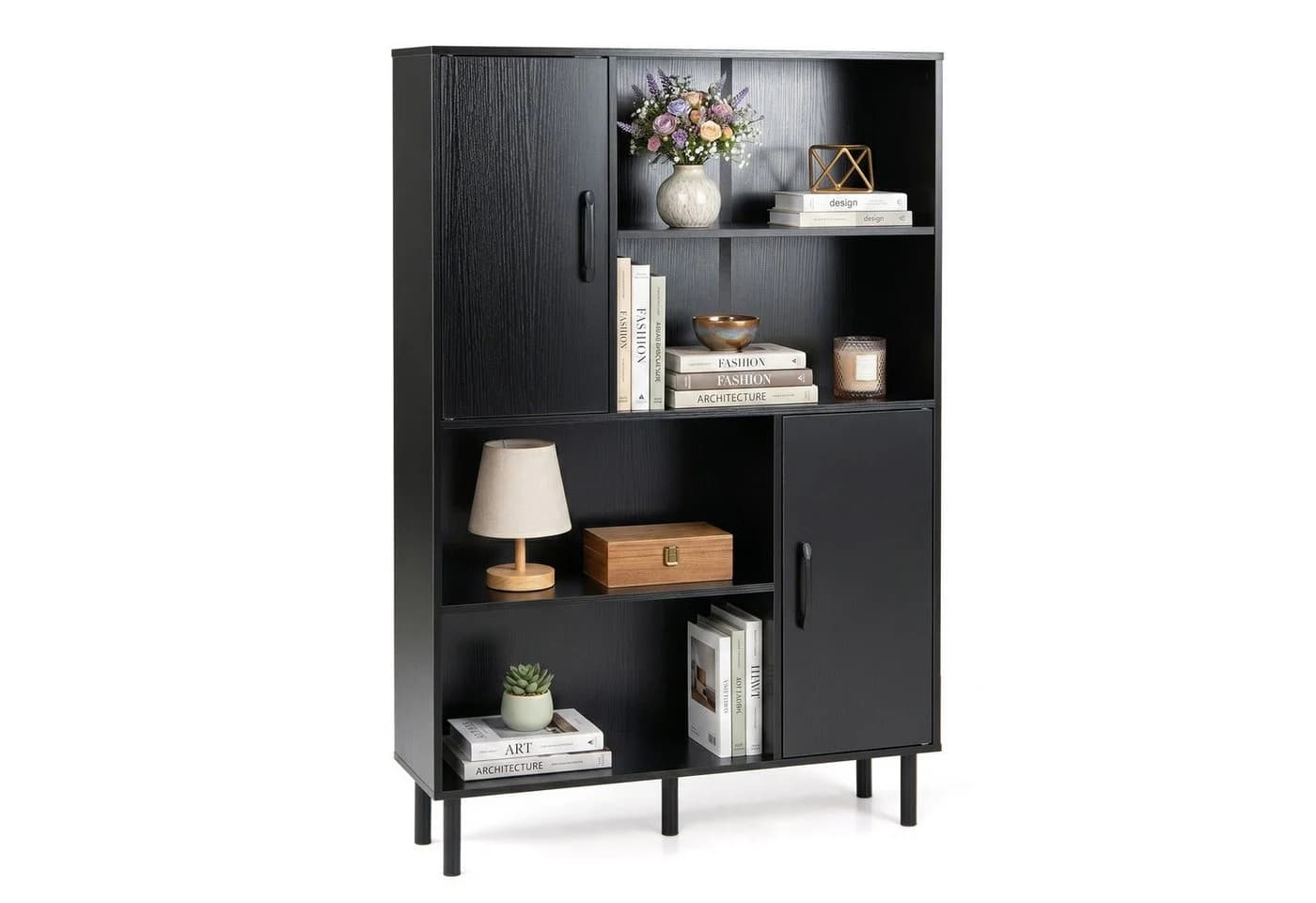 COSTWAY Bücherregal mit 2 Türen & 4 Regalen Schwarz/Braun - Bild 2