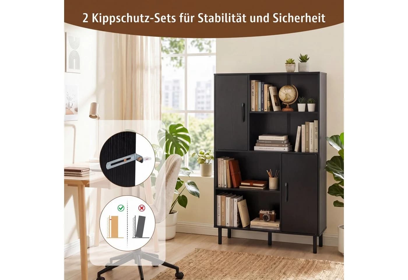 COSTWAY Bücherregal mit 2 Türen & 4 Regalen Schwarz/Braun - Bild 4