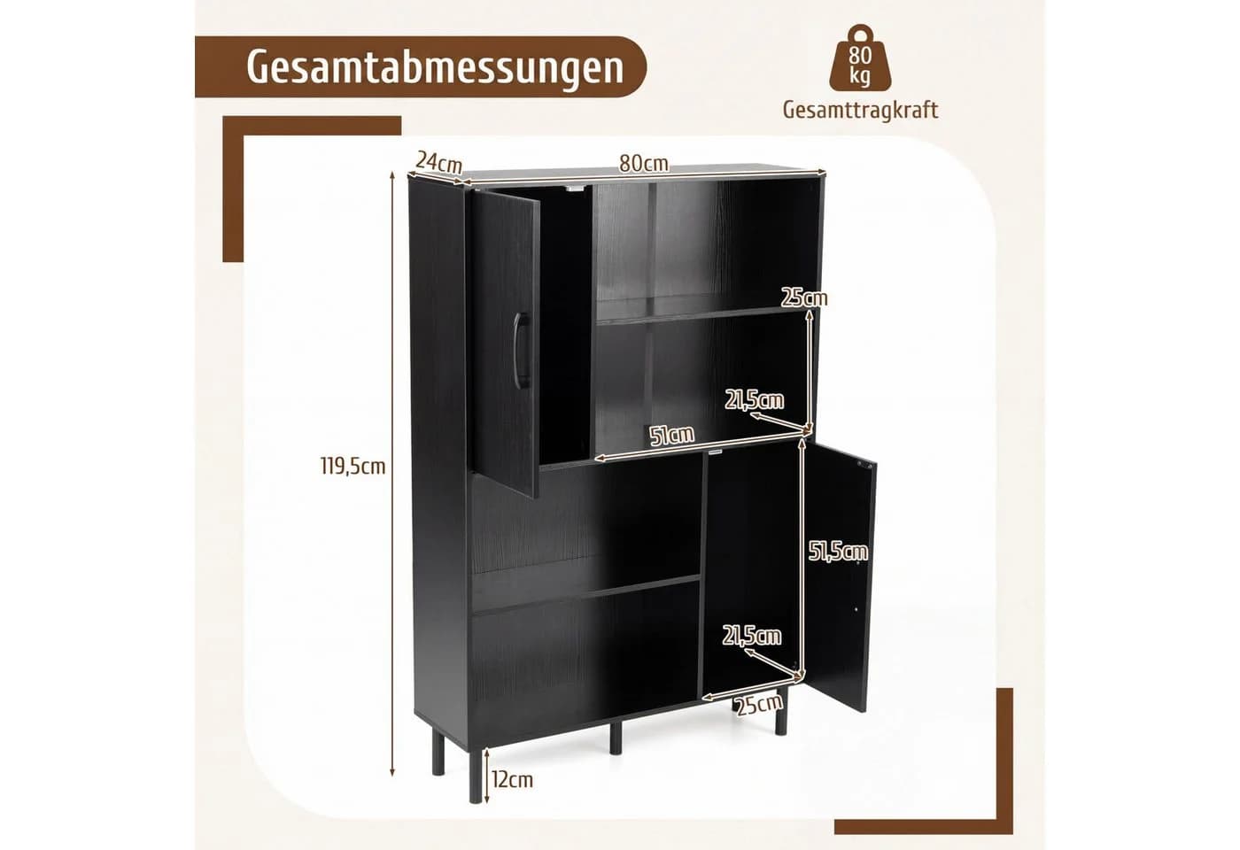 COSTWAY Bücherregal mit 2 Türen & 4 Regalen Schwarz/Braun - Bild 5