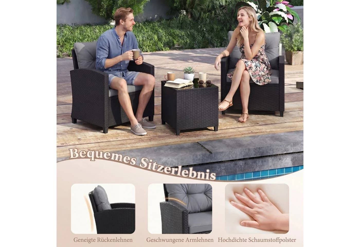 COSTWAY Balkonset 3-tlg. Rattan mit Kissen Grau/Schwarz