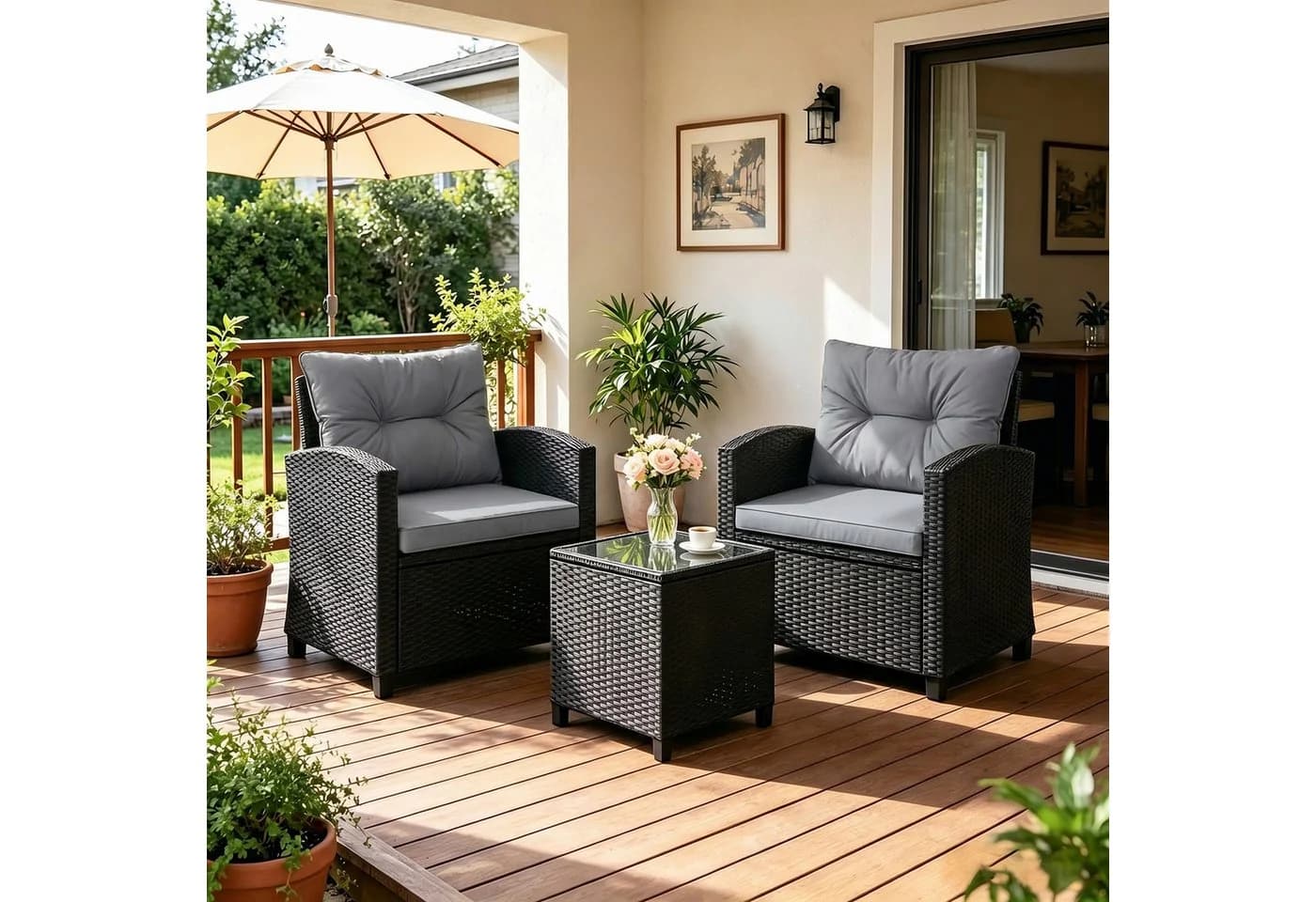 COSTWAY Balkonset 3-tlg. Rattan mit Kissen Grau/Schwarz - Bild 2